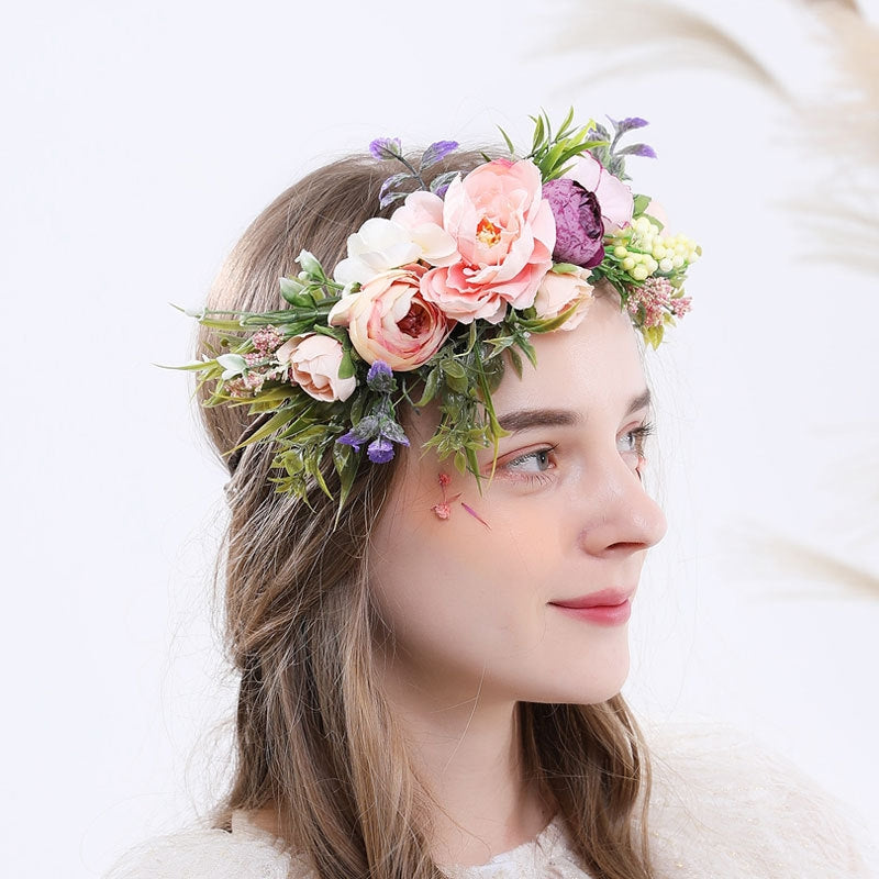 Bridal Wreath Headpiece Pink Purple Roses and Peonies