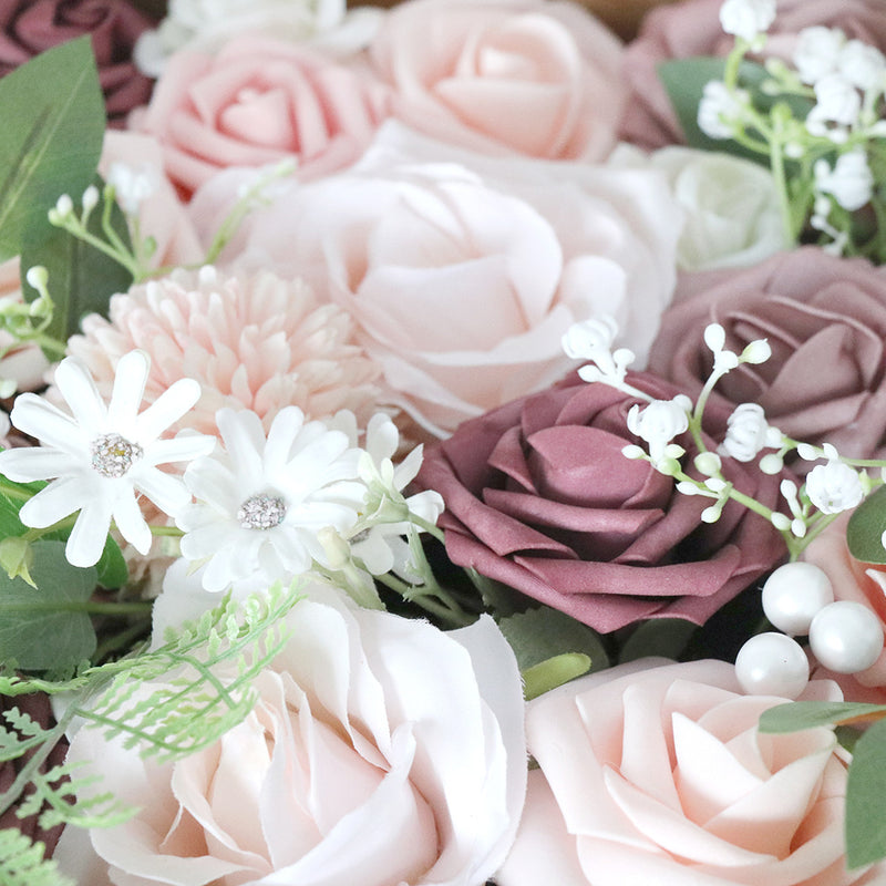 Boîte à fleurs de mariage Roses roses et violettes