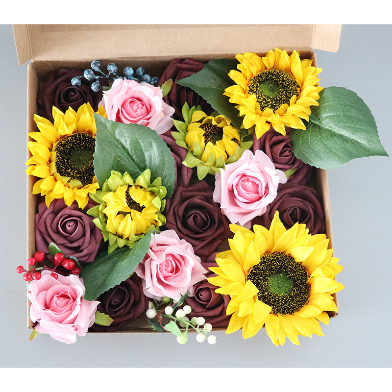 Boîte à fleurs de mariage tournesol et rose rouge foncé