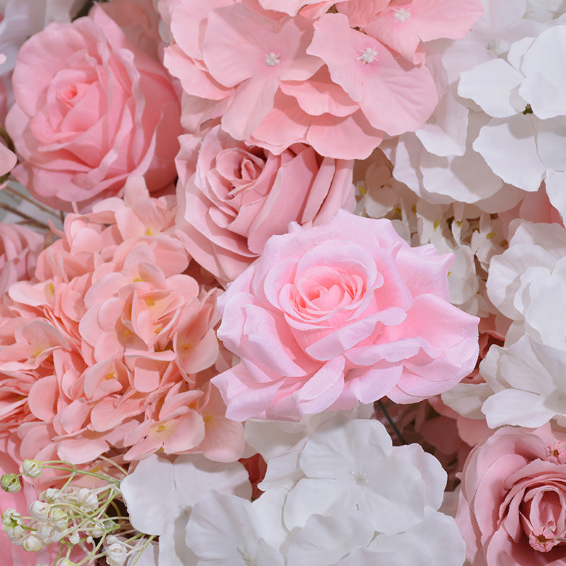 Fond de mariage blanc rose, aménagement de salle de rangée de fleurs, décoration flambant neuve