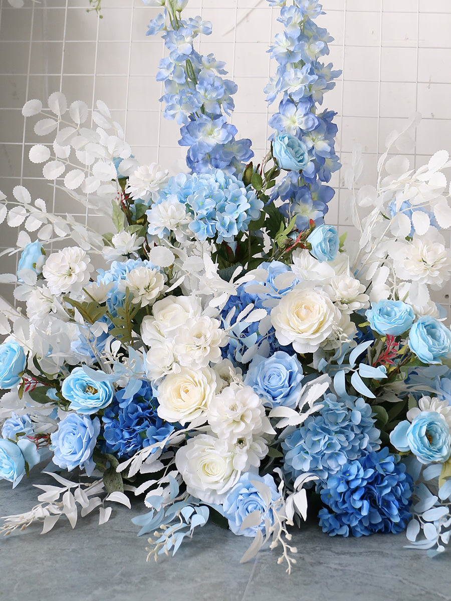 Simulation d'événement de mariage bleu, arc Floral, plate-forme de fleurs, pilier, accessoires de pile de fleurs