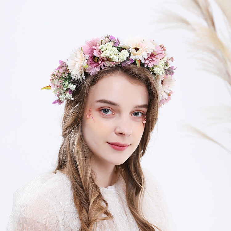 Bridal Wreath Headpiece Beige and Purple Daisy