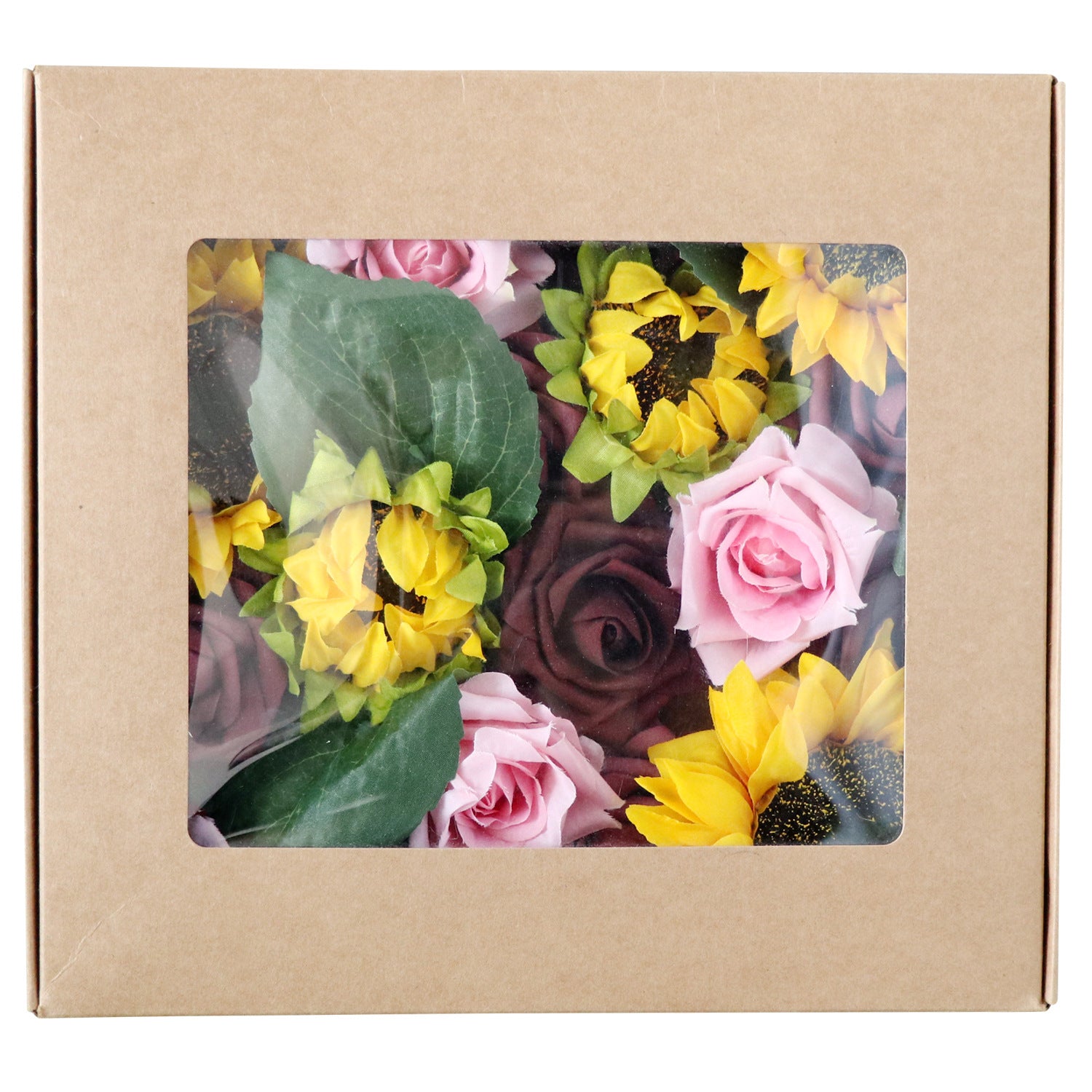 Boîte à fleurs de mariage tournesol et rose rouge foncé