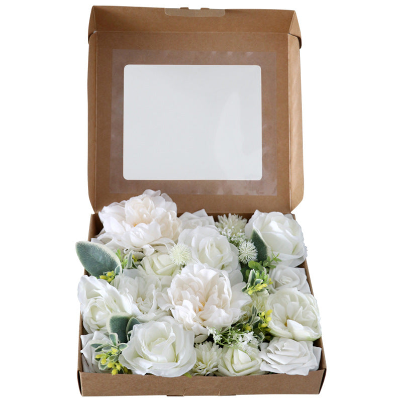 Boîte à fleurs de mariage pivoine à feuilles vertes blanches