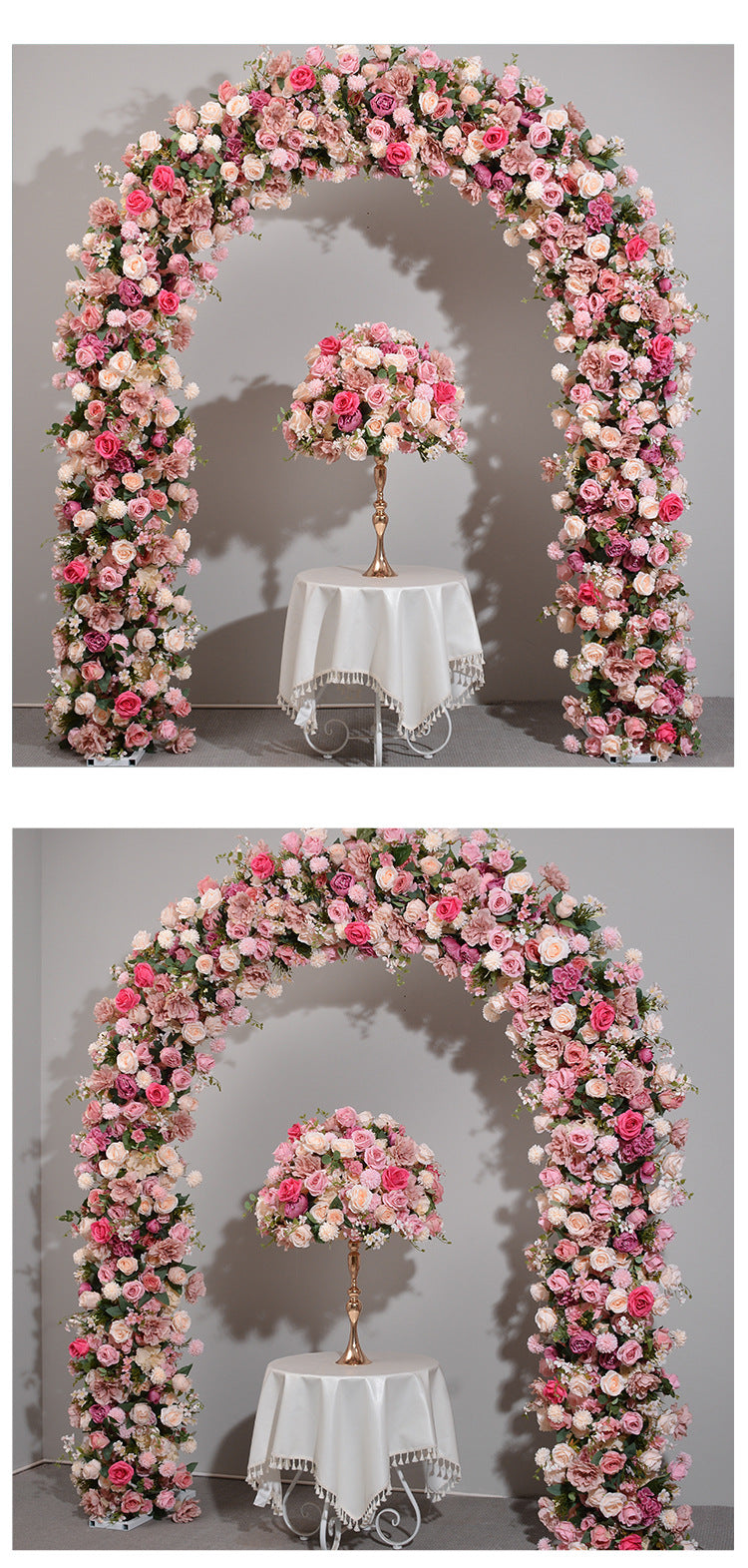 Simulation d'arc de fond de fleur, cadre en fer, décoration de rangée de roses artificielles, fenêtre d'exposition, aménagement du hall d'exposition