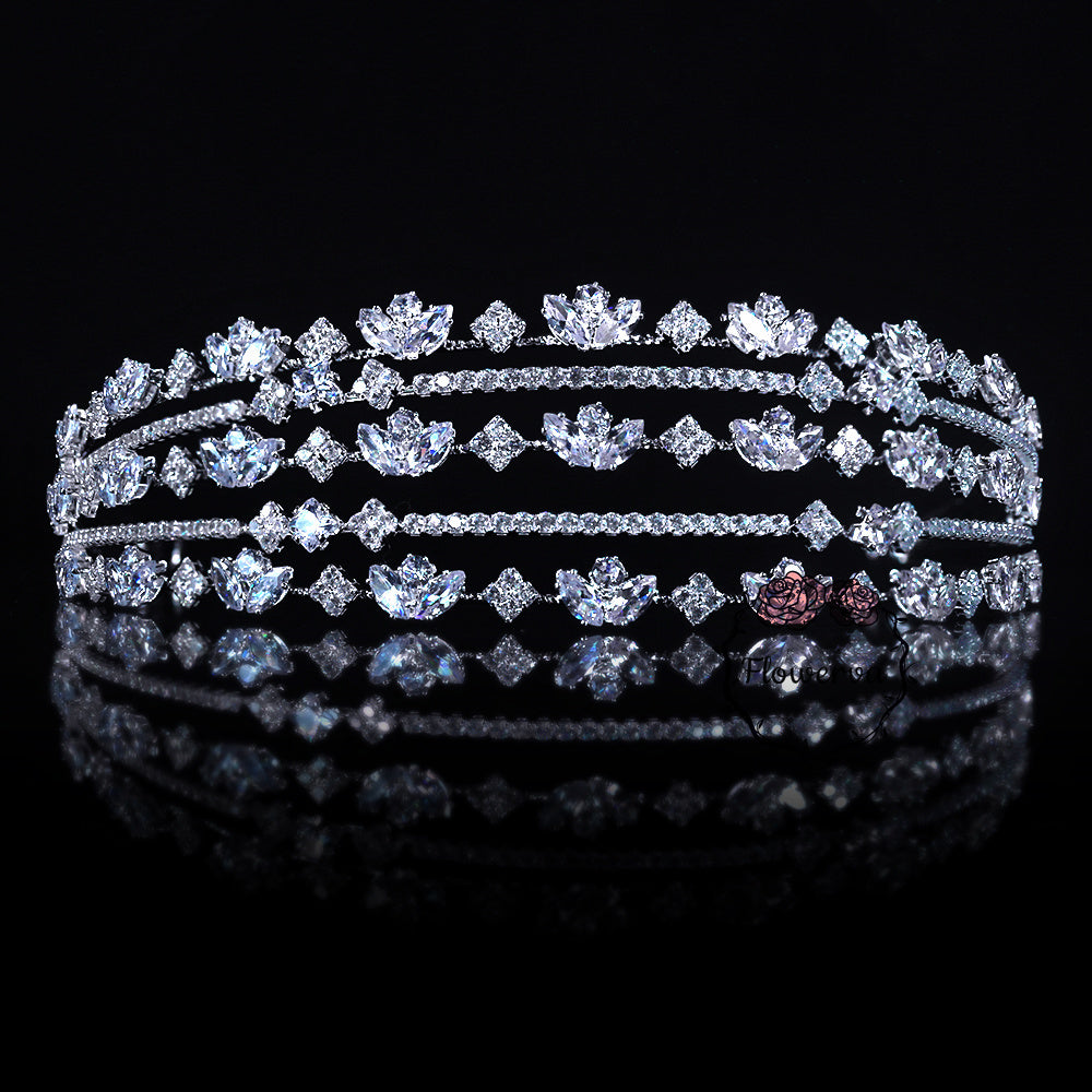 Flowerva Exquisite Wide-Rimmed Multi-Layered Luxury Diamond-Studded Crown Headband