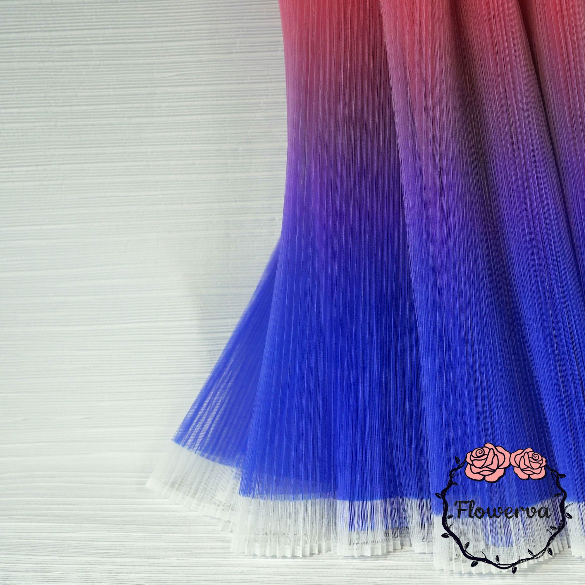Gradient Red And Blue Pleated Organza Crinkle Fabric With Rigid And Wide Trim Stage Handmade Dress Designer Fabrics