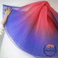 Gradient Red And Blue Pleated Organza Crinkle Fabric With Rigid And Wide Trim Stage Handmade Dress Designer Fabrics