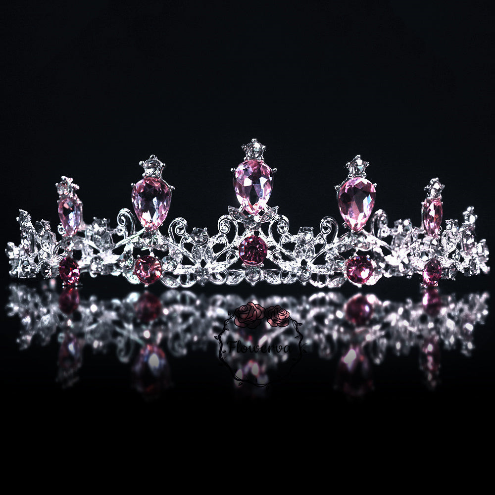 Flowerva Temperament Luxury Crystal Pink Diamond Bridal Crown Headband