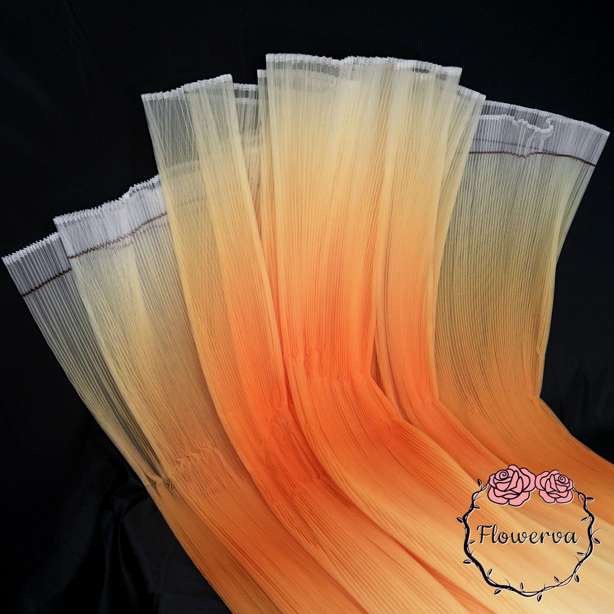 Gradient Orange-Yellow Pleated Organza Crinkle Fabric With Rigid And Wide Trim Stage Handmade Dress Designer Fabrics