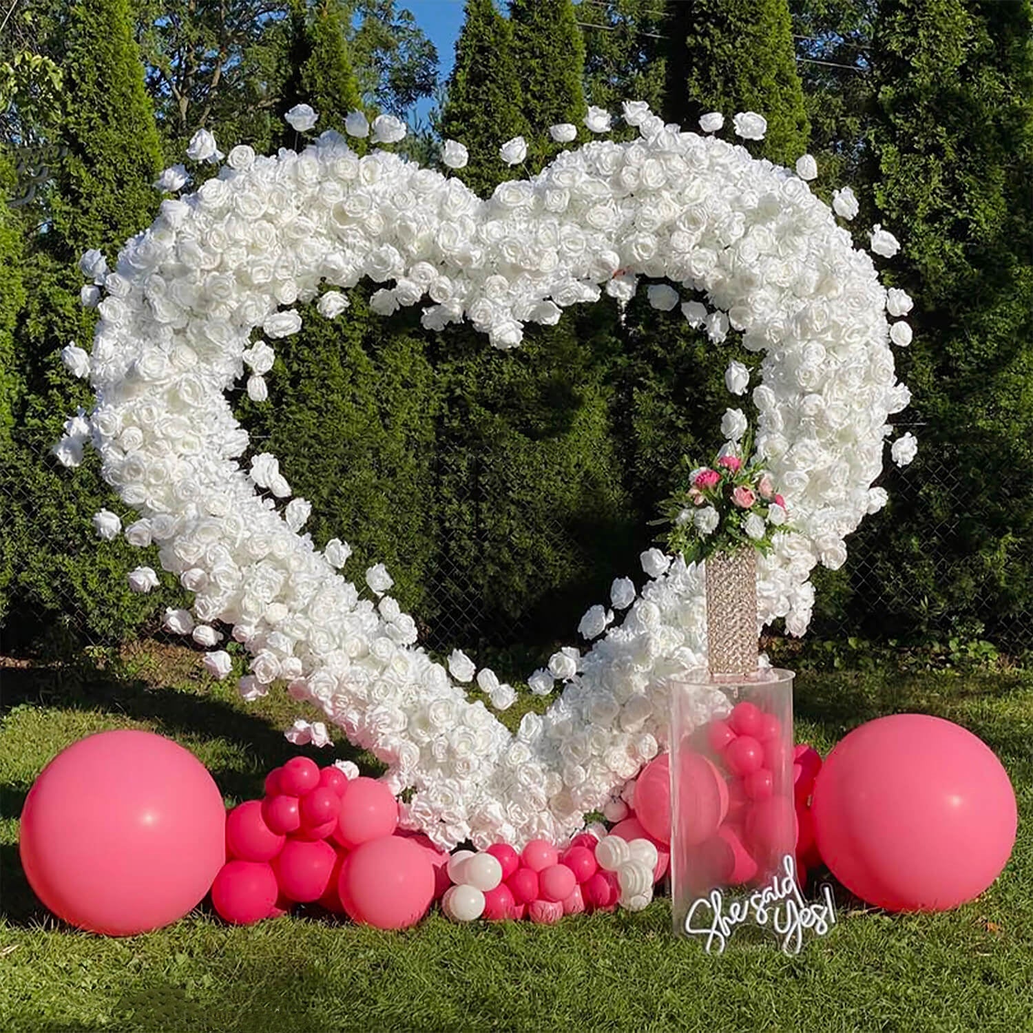 Flowerva 8ft White Rose Flower Wall Romantic Atmosphere Heart Shaped Wedding Decoration Indoor