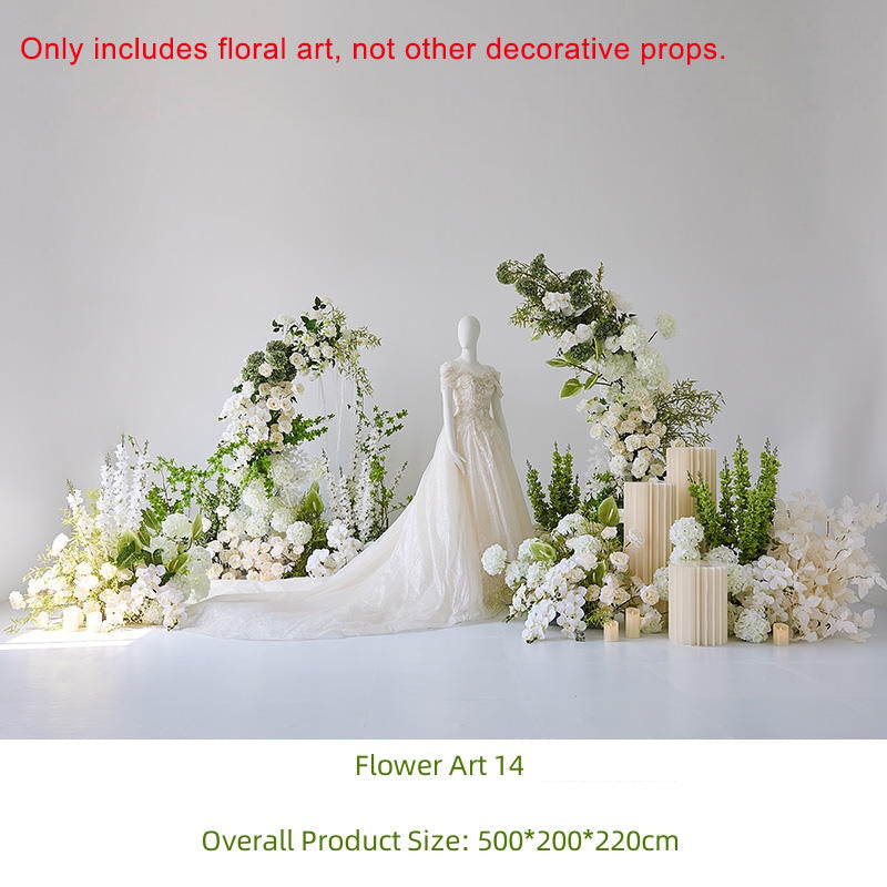 Fleurs de simulation blanc pur, feuilles vertes, décoration de mariage