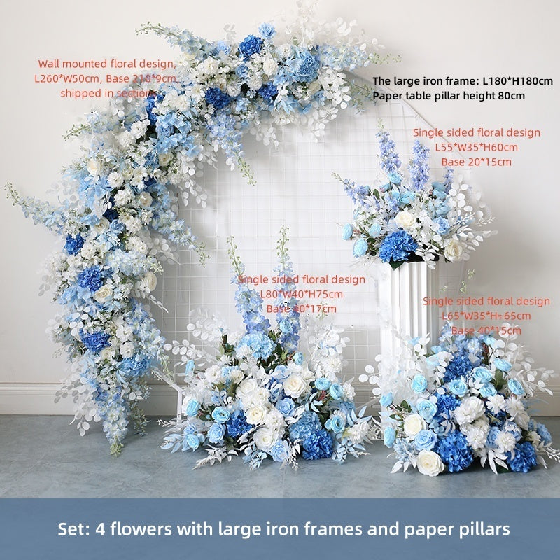 Simulation d'événement de mariage bleu, arc Floral, plate-forme de fleurs, pilier, accessoires de pile de fleurs