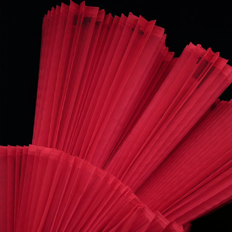 Bright Red Pleated Organza Crinkle Fabric With Rigid And Wide Trim Stage Handmade Dress Designer Fabrics