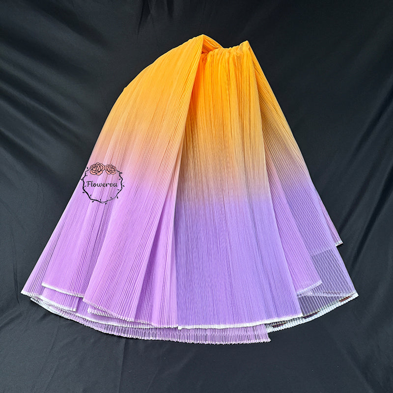 Gradient Yellow And Purple Pleated Organza Crinkle Fabric With Rigid And Wide Trim Stage Handmade Dress Designer Fabrics