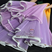 Gradient Yellow And Purple Pleated Organza Crinkle Fabric With Rigid And Wide Trim Stage Handmade Dress Designer Fabrics