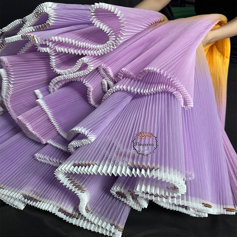 Gradient Yellow And Purple Pleated Organza Crinkle Fabric With Rigid And Wide Trim Stage Handmade Dress Designer Fabrics