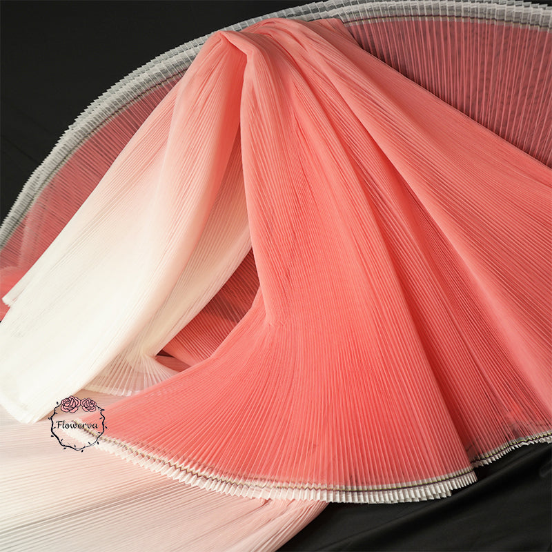 Gradient Pink Pleated Organza Crinkle Fabric With Rigid And Wide Trim Stage Handmade Dress Designer Fabrics