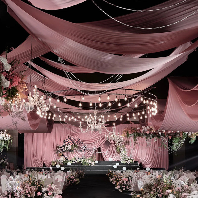 Draperie élastique en soie de lait rose pêche, décoration murale de plafond et de fond de mariage #126
