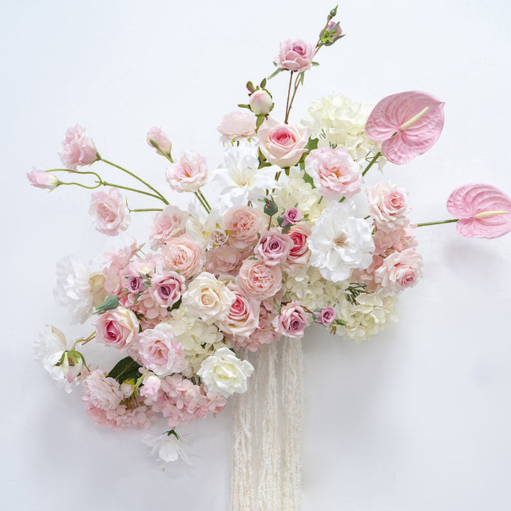 Rangée de fleurs suspendues Anthurium, hortensia Rose, décoration d'arc de fond de mariage, Arrangement floral au sol