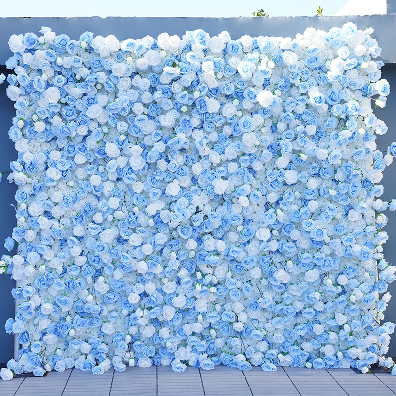 Flowerva – rideau en tissu Rose bleu blanc, enroulable 5D, mur de fleurs, Arrangement de décoration d'arrière-plan extérieur pour fête de mariage