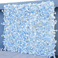 Flowerva Blue White Rose Fabric Curtain Rolling Up 5D Cloth Flower Wall Party Wedding Outdoor Backdrop Decor Arrangement