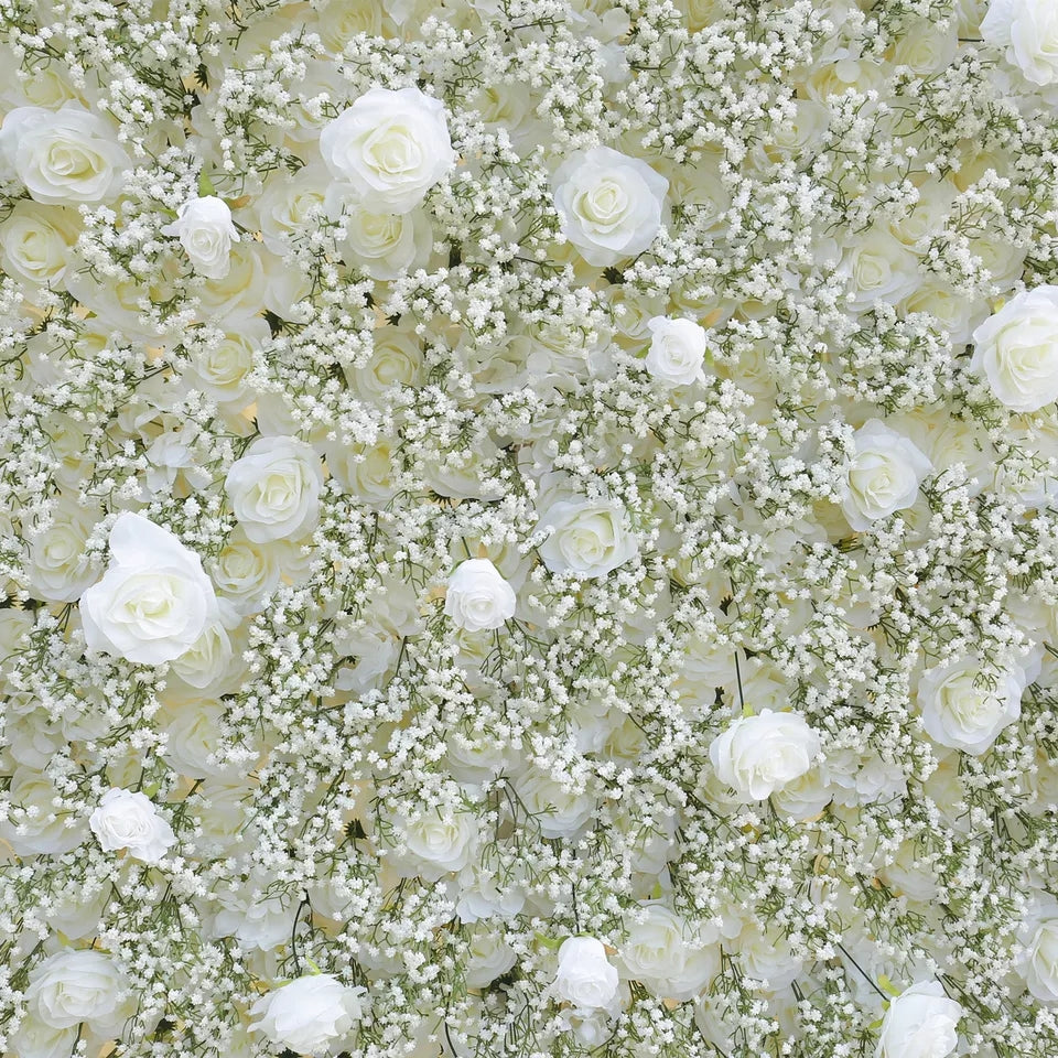 Flowerva Baby Breath Series White Artificial Flower Wall Fabric Rolling Up Curtain Wedding Outdoor Party Backdrop Decorations