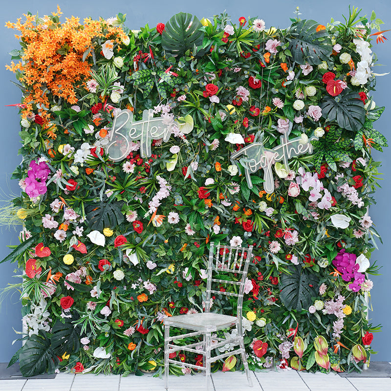 Flowerva Brand New Mori Green Plants Leaf Colorful Artificial Flower Rolling Up Cloth Floral Wall Garden Wedding Outdoor Decoration Arrangement