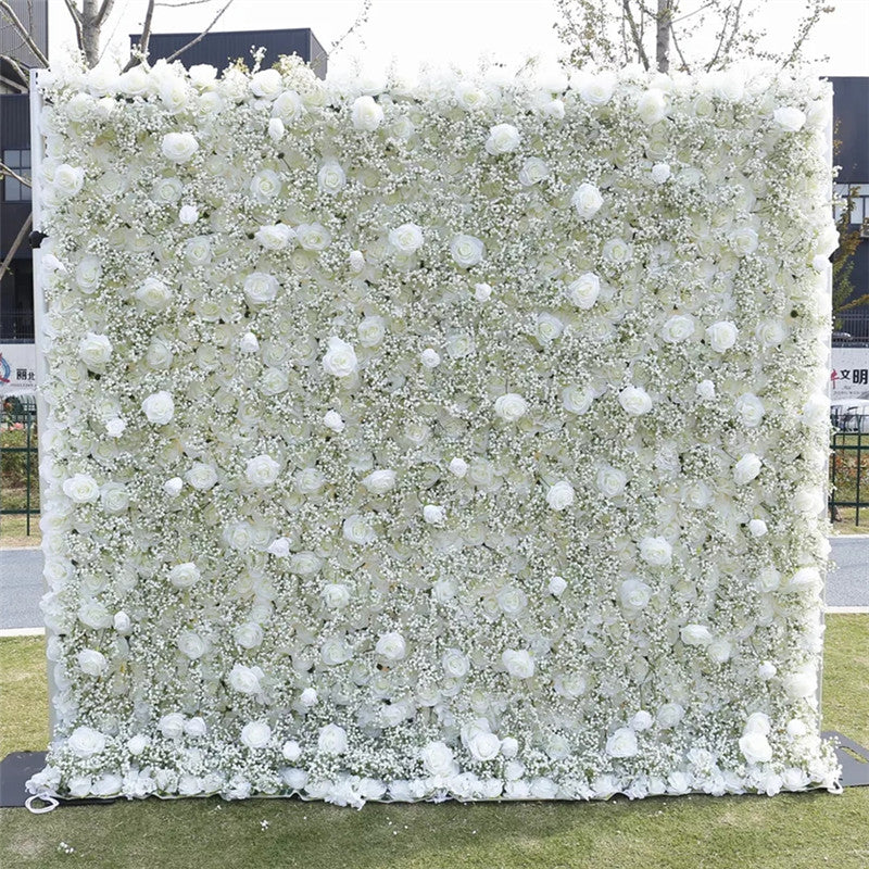 Flowerva Baby Breath Series White Artificial Flower Wall Fabric Rolling Up Curtain Wedding Outdoor Party Backdrop Decorations