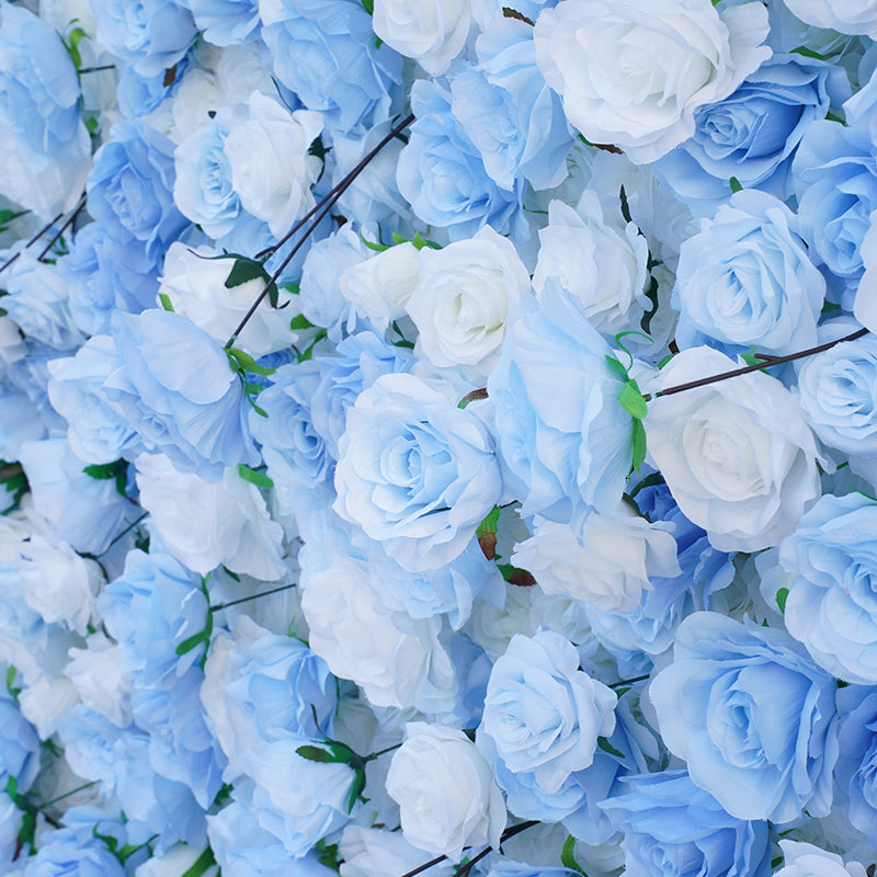 Flowerva – rideau en tissu Rose bleu blanc, enroulable 5D, mur de fleurs, Arrangement de décoration d'arrière-plan extérieur pour fête de mariage