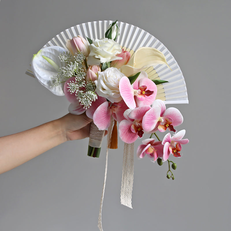 Flowerva Folding Fan New Chinese Style Hand Holding Artificial Flowers Photography Ancient Style Home Display