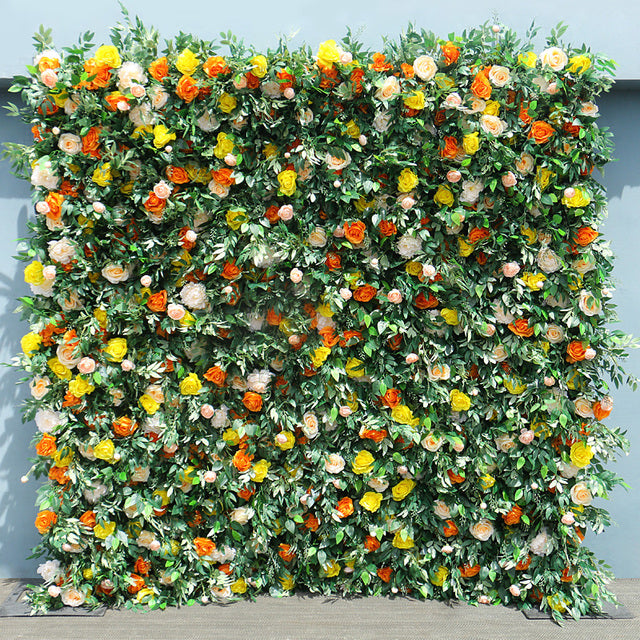 Flowerva Brand New Yellow Orange Rose Green Leaves Fabric Hang Curtain  Roll Up Flower Wall Arrangement Plant Wall Wedding Backdrop Decor Prop