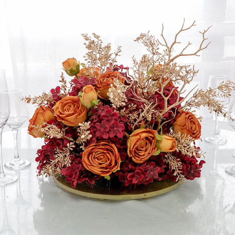 Flowerva Gold Leaf Colorful Rose Hydrangea Wedding Table Center Decoration