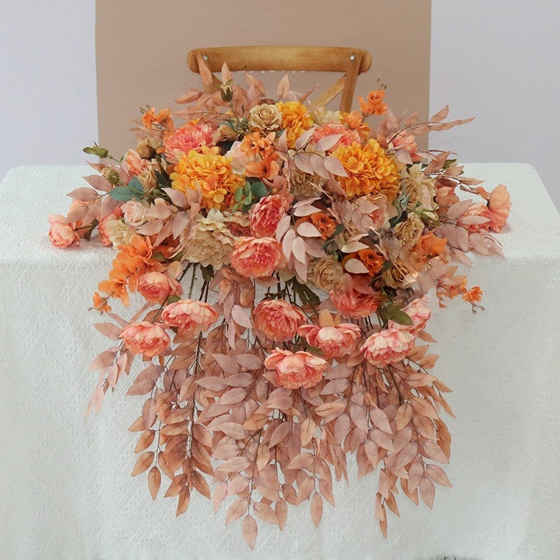 Flowerva – boule de pivoine colorée d'automne, boule de broderie, feuille de saule, vigne, fleur de Table, décoration de fond de mariage