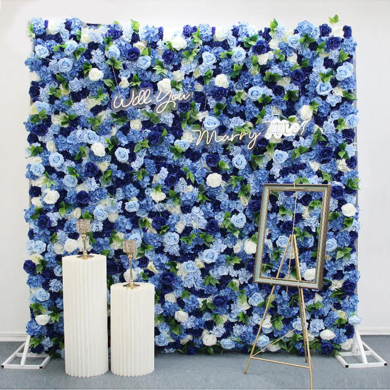 Flowerva nouveau mur de fleurs en tissu d'hortensia de pivoine artificielle bleu Royal et blanc 3D