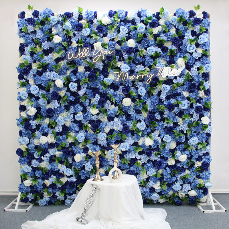 Flowerva New 3D Royal Blue and White Rose Artificial Peony Hydrangea Cloth Flower Wall
