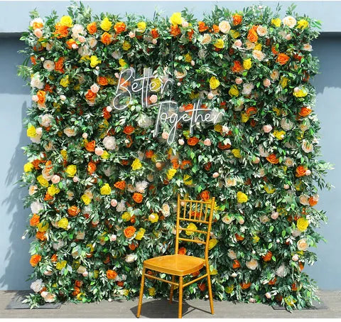 Flowerva tout nouveau jaune Orange Rose feuilles vertes tissu accrocher rideau enroulable fleur mur Arrangement plante mur mariage toile de fond décor accessoire