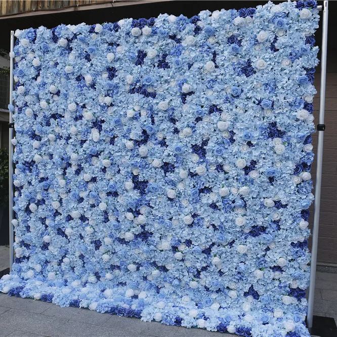 Flowerva Blue Rose Hydrangea Fabric 5D  Cloth Floral Wall Outdoor Party Wedding Backdrop Wall Decor Props
