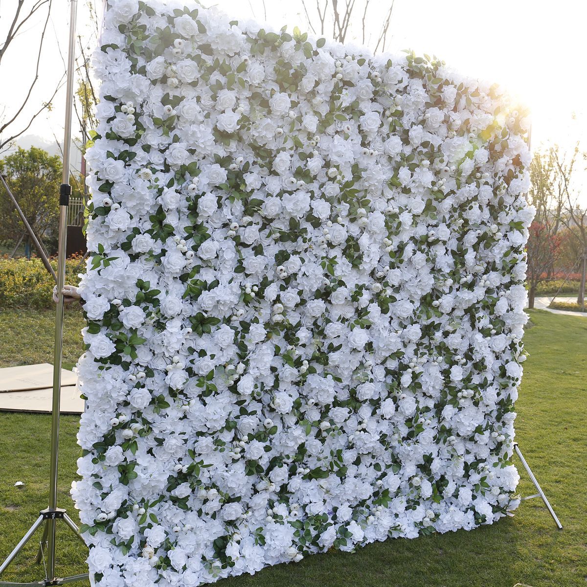Flowerva Artistic White Rose Cloth Flower Wall  Birthday Party Wedding Backdrop Stage Decor Fabric Floral Wall Window Display Props