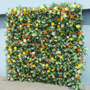 Flowerva Brand New Yellow Orange Rose Green Leaves Fabric Hang Curtain  Roll Up Flower Wall Arrangement Plant Wall Wedding Backdrop Decor Prop