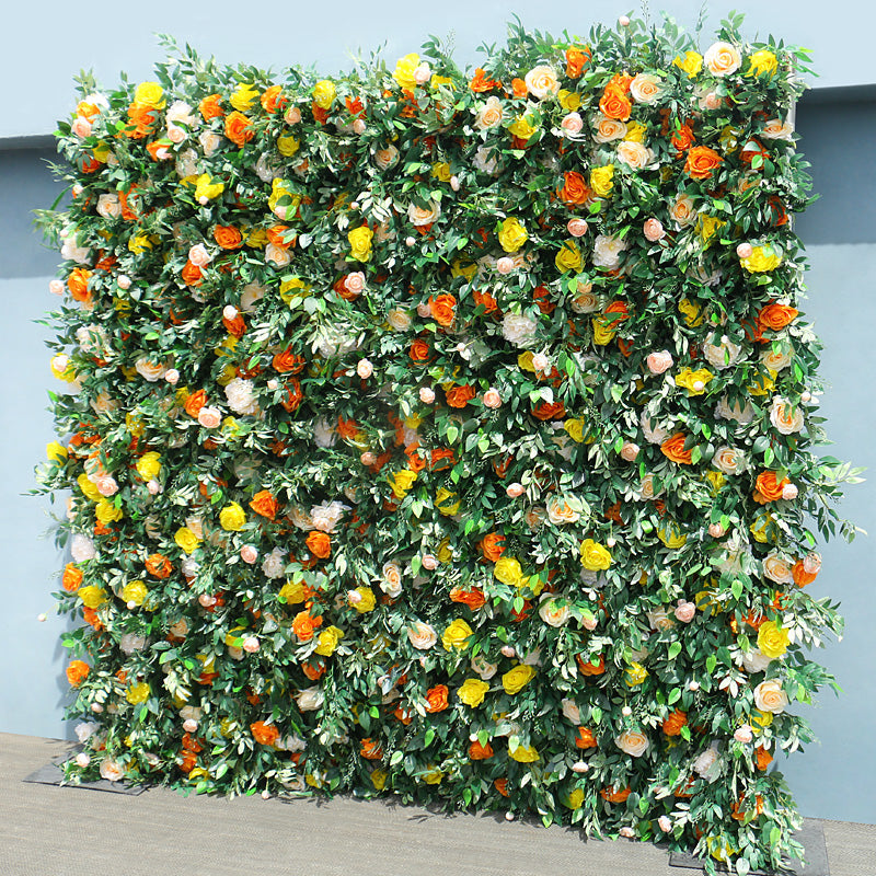 Flowerva Brand New Yellow Orange Rose Green Leaves Fabric Hang Curtain  Roll Up Flower Wall Arrangement Plant Wall Wedding Backdrop Decor Prop