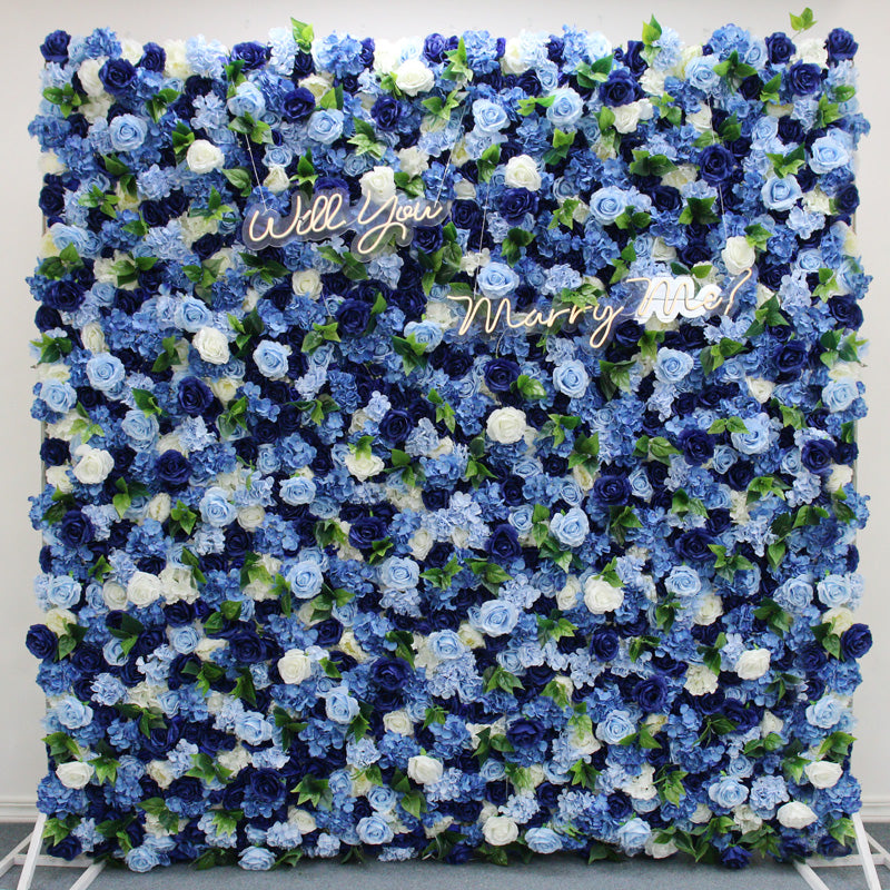Flowerva New 3D Royal Blue and White Rose Artificial Peony Hydrangea Cloth Flower Wall