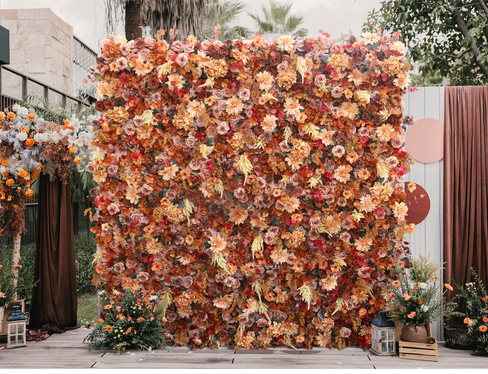 Flowerva Brand New 5D Autumn Series Retro Artificial Rose Plants Leaf Rolling Up Curtain Flower Wall Wedding Events Backdrop Decor